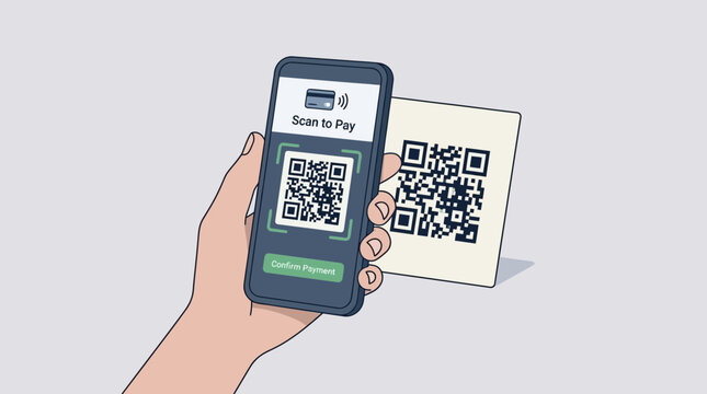 Hand holding smartphone with QR code.