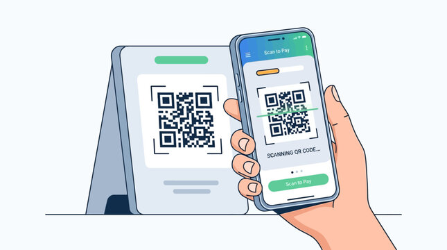 Hand holding smartphone with QR code.