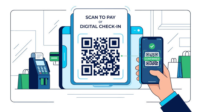 Hand holding smartphone with QR code.