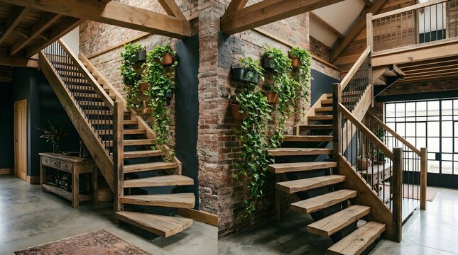 Architectural interior featuring two wooden staircases ascending within a rustic space with exposed beams and hanging greenery
