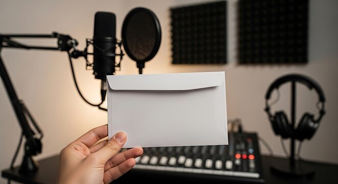 Hand Holding Blank White Envelope in a Professional Podcast Recording Studio