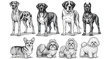 Obraz premium Group of Various Large and Small Dog Breeds Black and White Illustration