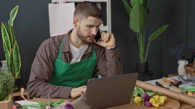 Man florist wearing green apron holds phone to ear while typing on laptop at studio table surrounded by flowers, tools and wrapping paper; concentration.