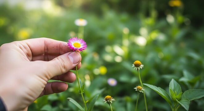Human hand gently holding a small pink and yellow wildflower in a meadow