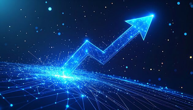 A futuristic blue arrow ascends through a network of glowing lines