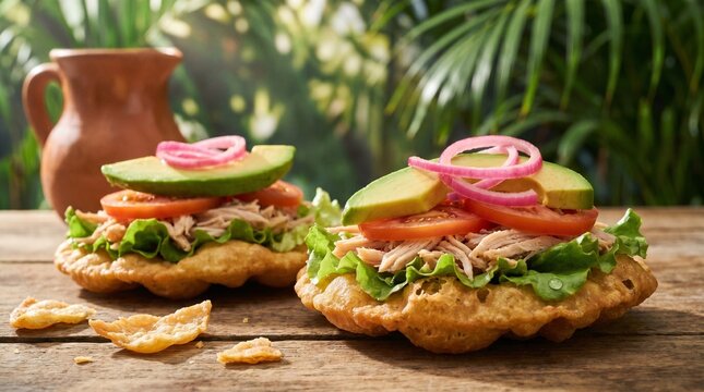 Puffy Yucatecan Salbutes with Shredded Turkey and Avocado