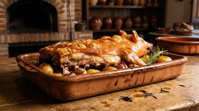 Rustic Spanish Cochinillo Asado Suckling Pig with Crispy Skin