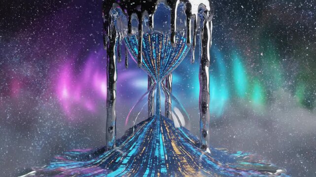 A surreal digital artwork featuring a melting hourglass with sand flowing upwards, set against a vibrant, cosmic background with shades of purple, blue, and green. Defects No defects found