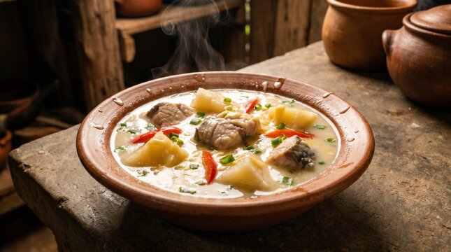 Traditional Pira Caldo Paraguayan Fish Soup with Cream and Cheese