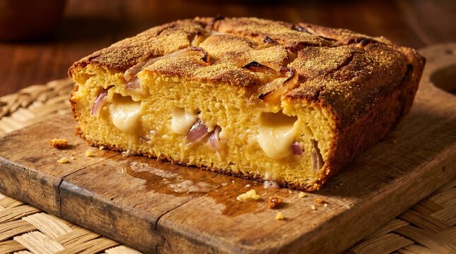 Traditional Sopa Paraguaya Cornbread with Onions and Melted Cheese