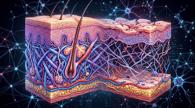 Cross section skin layer scan detailed anatomy showing epidermis dermis hypodermis hair follicle nerve blood vessel and connective tissue scientific and medical illustration