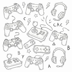 Collection of video game controllers and headphones hand drawn sketch. © Agu