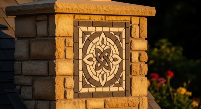 Decorative stone inlay pattern featured on a rustic brick chimney exterior