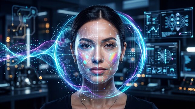 Futuristic woman face digital interface glowing abstract glass skin technology artificial intelligence data analysis innovation cyber security modern lab