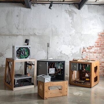 Industrial electronic hardware prototypes on wooden stands in rustic workshop, tech development, engineering research, circuit board components