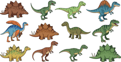 Dinosaur set with various prehistoric species, detailed cartoon reptiles vector illustration collection for education and children design © Amowara