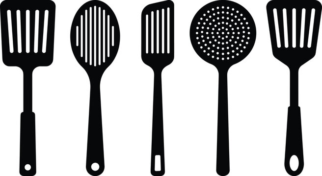 Professional Kitchen Utensils Set Silhouette Including Slotted Spatula Turner Skimmer and Fish Spatula Icons Isolated on White Background for Cooking Concept Graphic Design Elements.