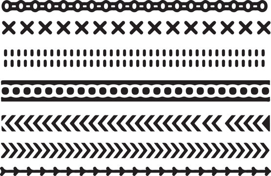 Seamless vector borders set with various patterns. black geometric chain and arrow designs on transparent background.
