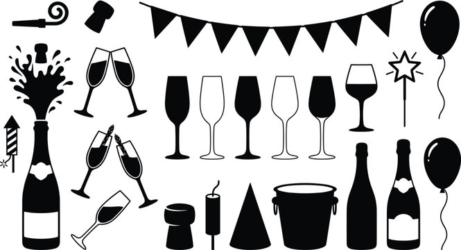 Collection of New Year Eve party silhouettes including champagne bottles wine glasses firework rockets balloons and bunting flags isolated on white background for celebrations.