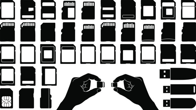 Collection of various memory card silhouettes including SD micro SD and USB flash drive icons with hands holding small storage chips for technology.