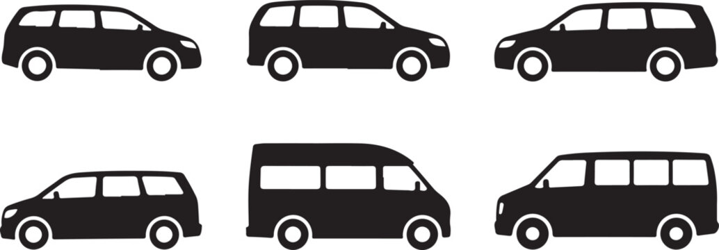 Van car collection showing various transport vehicle silhouettes including passenger minivans and commercial delivery shuttle buses.
