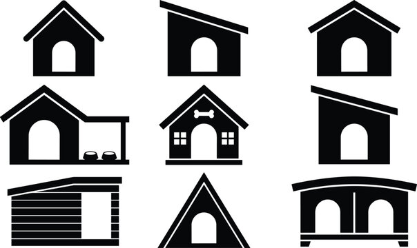 Large collection of black dog house silhouette vector icons featuring various architectural kennel styles including traditional gabled roofs, modern sheds, and double dog houses.
