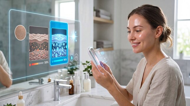 Woman using smartphone in modern bathroom, analyzing skin hydration with futuristic digital interface, smiling and relaxed, skincare technology concept