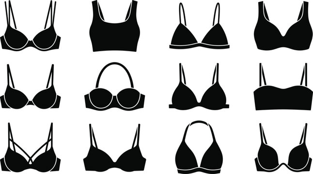 Comprehensive collection of black silhouette vector icons featuring various women's bra styles including sports, strapless, push-up, balconette, plunge, and bralette designs on white.