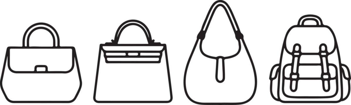 Set of fashion bags, handbag, clutch, hobo, backpack outline vector on transparent background illustration accessory.