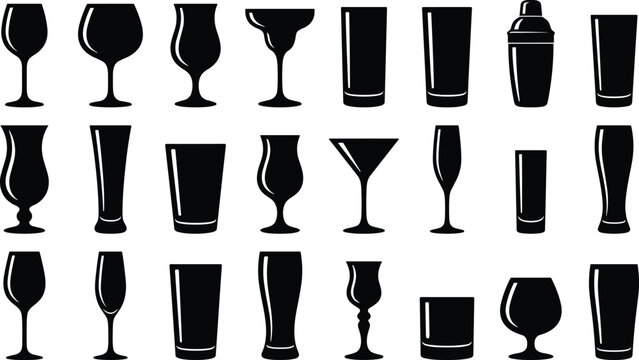 Large collection of black silhouette vector icons featuring various glassware types including wine glasses, cocktail flutes, beer mugs, tumblers, and shakers on white background.