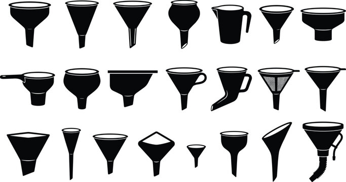 Comprehensive collection of black silhouette vector icons featuring various funnel types including laboratory, kitchen, automotive, and industrial liquid pouring equipment isolated on white background