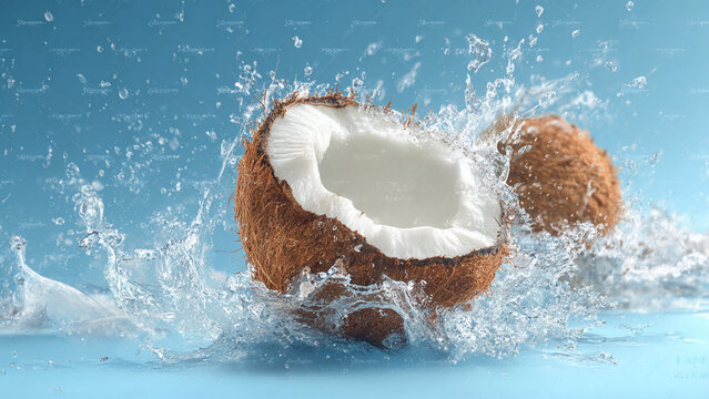 Tropical background with a cracked coconut and a spectacular splash of crystal-clear water bursting out, droplets frozen in the air, bright natural lighting, photorealistic style, vivid colors, clean