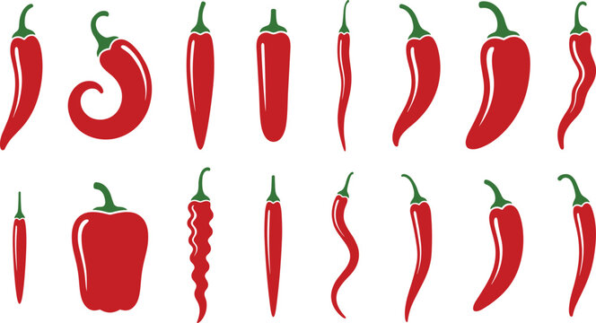 Red chili pepper vector collection featuring various hot spicy bell and jalape&ntilde;o shapes for mexican food restaurant menu design and kitchen culinary icons.