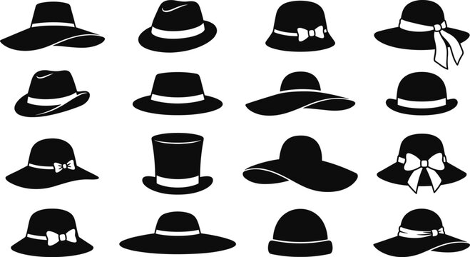 Black hat silhouette vector collection featuring various headwear styles including fedora top hat sun hat cloche and beach hats for fashion design icons.