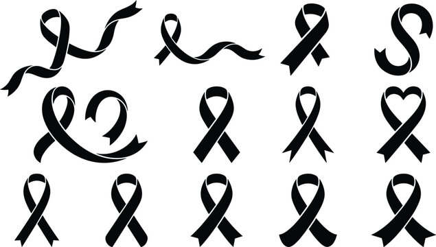 Black Awareness Ribbon Vector Icons Set for Cancer Support Mourning Remembrance Charity Campaigns Grief Symbols and Healthcare Medical Solidarity Isolated on White Background.
