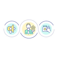 Fototapeta premium Illustration of Service Promotion: An illustrative display depicting service promotion concepts, featuring icons of a megaphone, a person with a star, and a hand interacting with an icon.