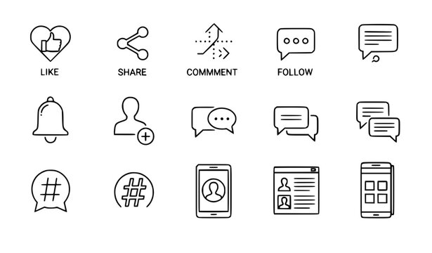 Social media icons set like share comment notification line vector UI collection