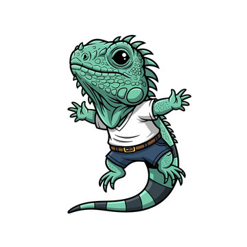 Cute chibi green iguana mascot character wearing a white t-shirt and blue denim shorts with a belt, standing in a friendly pose, isolated high detail vector on white background.