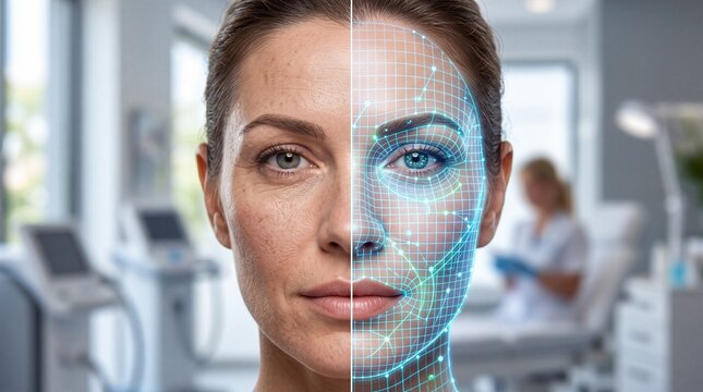 Split face comparison woman skin aging rejuvenation digital grid technology beauty clinic healthcare futuristic analysis