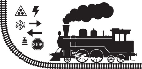 Naklejka premium Graphic illustration of steam train on railroad tracks with set of various transport warning symbols isolated on transparency.