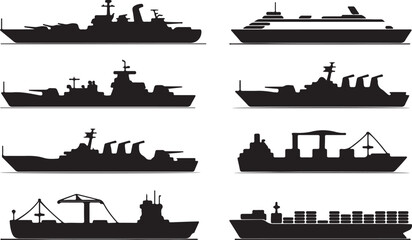 Obraz premium Silhouette collection of naval warships and commercial freight vessels including cruisers destroyers tankers and container ships.