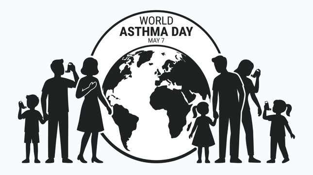 World Asthma Day vector silhouette illustration showing families and children using inhalers around a globe to raise global awareness for respiratory disease and health.