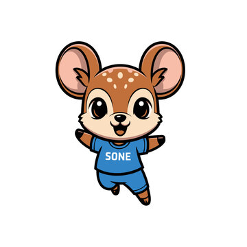 Cute chibi mouse-deer mascot vector illustration featuring large rounded ears, white spots on forehead, and big eyes, wearing a blue athletic t-shirt and shorts on white background.