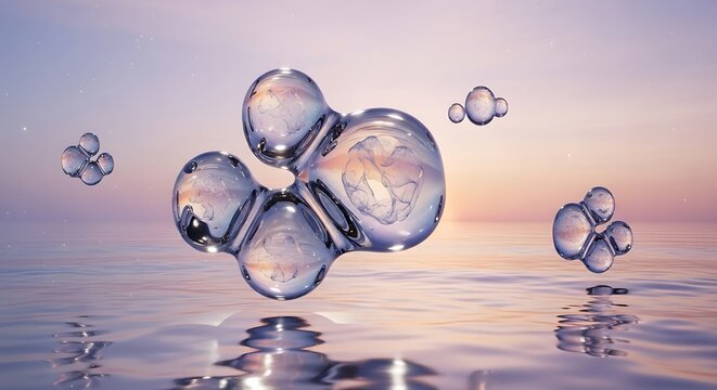 Mesmerizing translucent molecular forms gracefully float above a serene reflective water surface at dawn