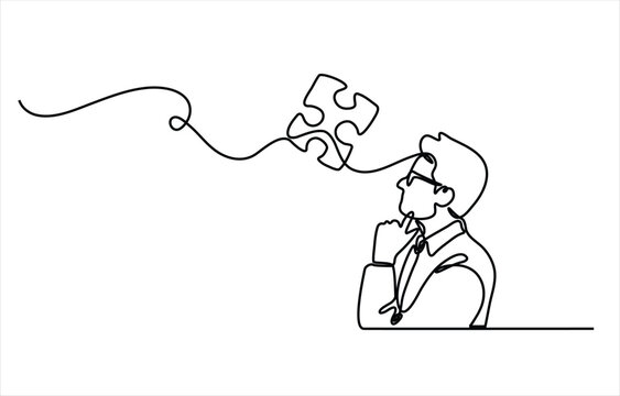 Continuous line art illustration of person thinking with puzzle piece symbolizing problem solving idea creativity and minimalist design