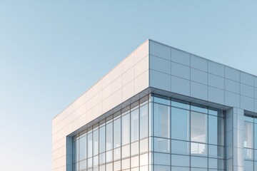 Obraz premium Modern building corner with glass facade against a clear blue sky.