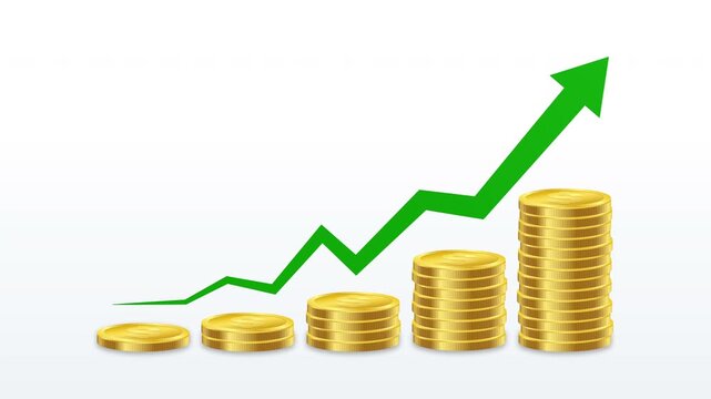 Stacked gold coins and green upward arrow showing financial growth, profit increase, and investment success in global markets. Ideal for business, finance presentations, and performance reports
