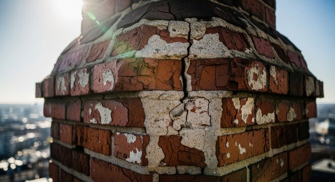 Damaged brickwork on an aging chimney showing significant spalling and cracking due to weathering