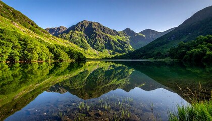 Obraz premium 高原の湖に緑の山が美しく映る爽快な風景写真