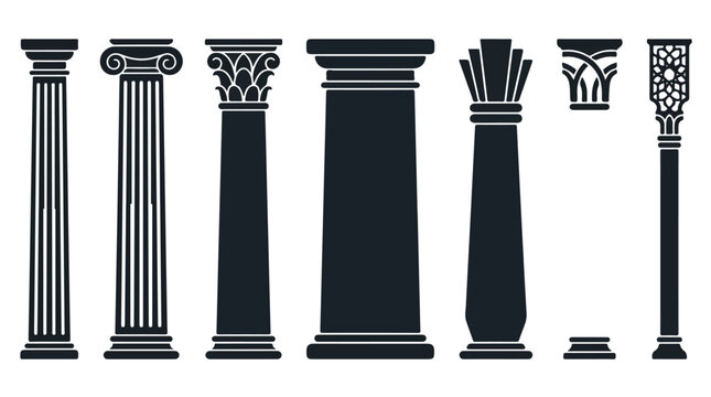 Classical architectural columns in a monochrome vector study featuring Doric, Ionic, and Corinthian capitals